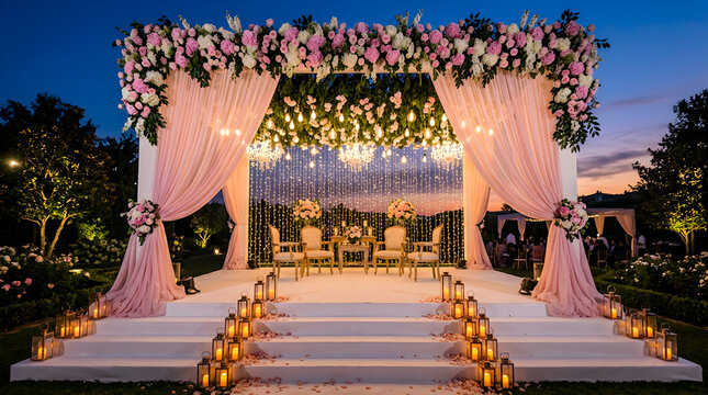 Elegant outdoor wedding ceremony setup with floral arch and warm lighting