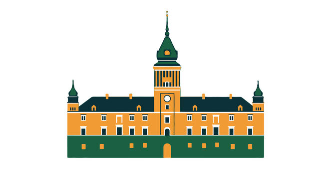 Illustrated historic building with tall clock tower architecture.
