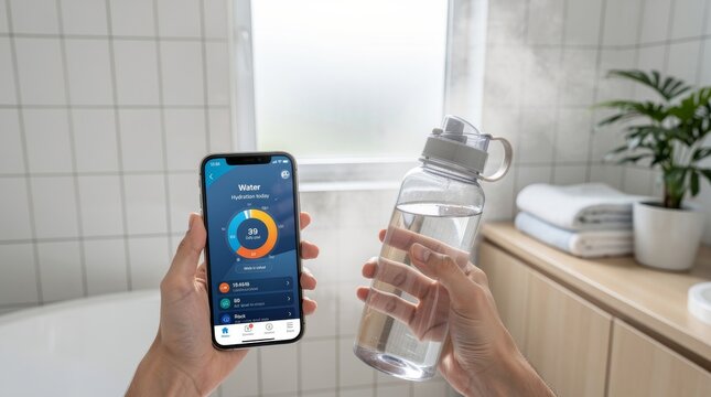 Person tracking water intake with smartphone app and bottle