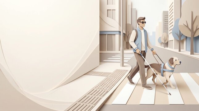Blind Person with Guide Dog Crossing Accessible Street Papercut Illustration