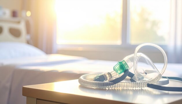 Medical oxygen respirator mask with coiled tubing placed on a table in a sunlit room near a bed