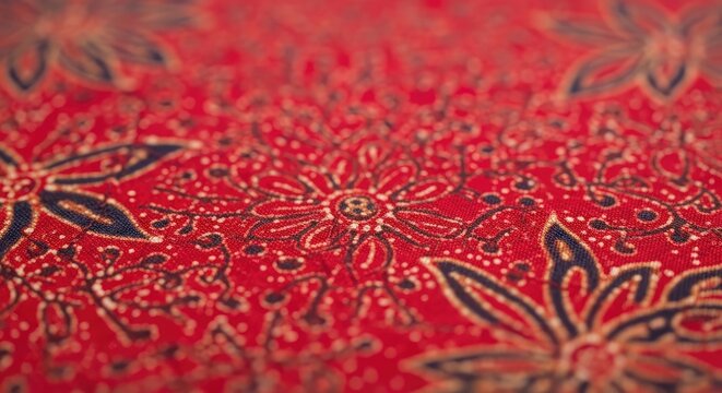 Close-up of a Red Batik Fabric with Floral Patterns and Detailed Texture.