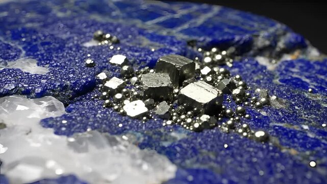 Close up of Pyrite crystals on Lapis Lazuli mineral specimen.