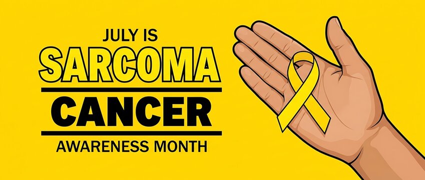July is sarcoma cancer awareness month with yellow ribbon on hand against bright yellow background symbol for support and hope illustration.