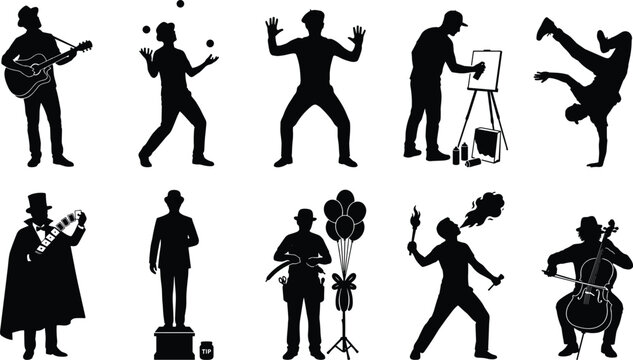 Collection of silhouettes representing various performers and artists engaged in diverse creative activities and entertainment acts