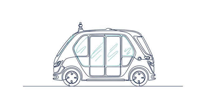 A sleek autonomous electric shuttle pod rendered in a minimalist single continuous line art style against a crisp white background with subtle blue accent highlights.