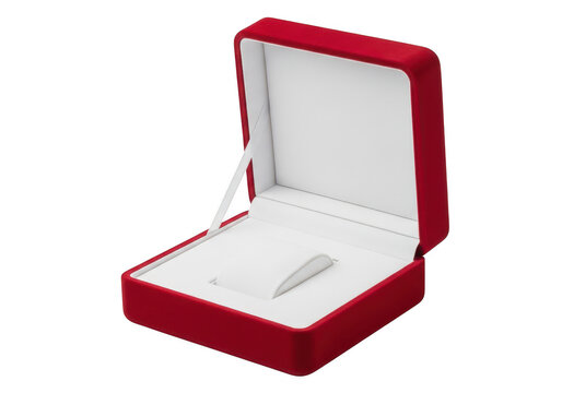 Open empty red velvet jewelry gift box with a white interior for holding a luxury ring or watch isolated on transparent background