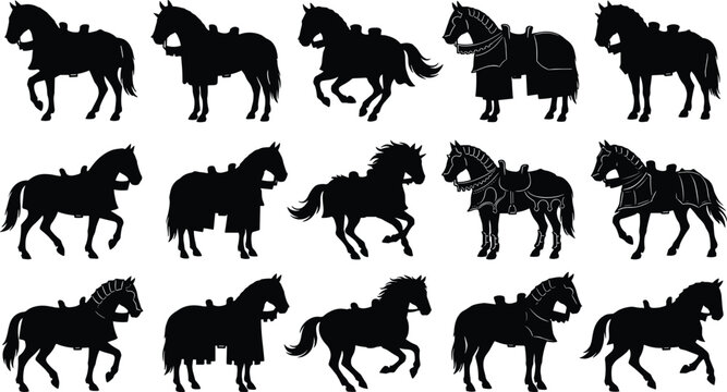 Collection of Horse Silhouettes in Various Poses and Attire, Showcasing Equestrian Themes