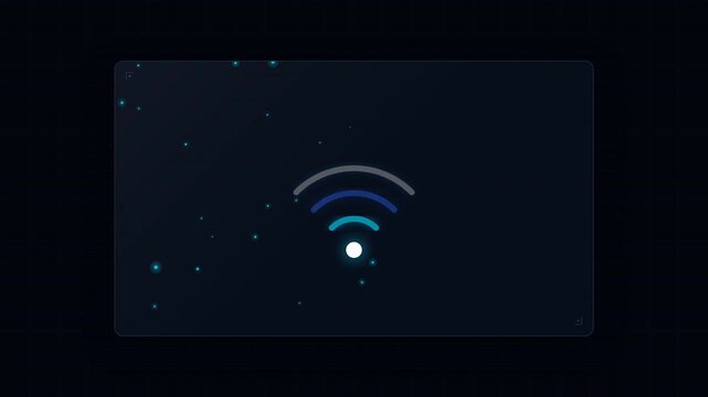 Dynamic motion of a wireless signal icon with animated waves and particles illustrating connectivity and digital communication in a modern technology setting.