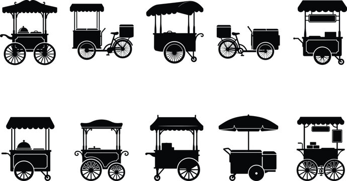 Collection of Silhouetted Food Carts and Stalls with Various Designs