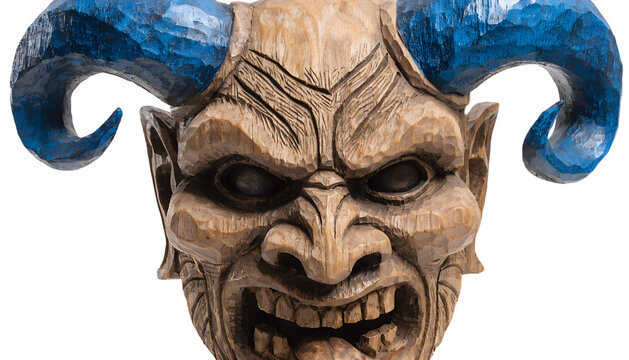 Carved wooden demon mask with blue horns, isolated on transparent background
