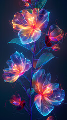 Obraz premium Neon petal and stem artwork presenting botanical illustration with vibrantly glowing neon petals and stems, botanical illustration style gives glowing neon flowers scientific elegance.