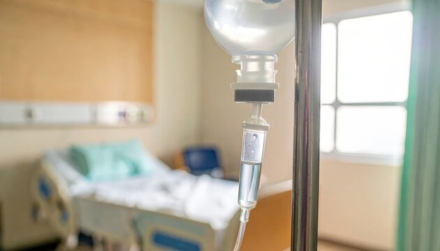 Medical IV drip bag filled with clear saline solution hanging from a metal pole in a hospital room with a patient bed.