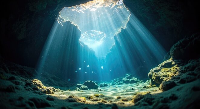 Underwater Cave with Sunlight Beams Penetrating the Oceans Surface.