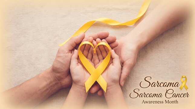 Two hands forming heart shape with yellow sarcoma cancer awareness ribbon, symbol of love support and hope for patients, fundraising and education.