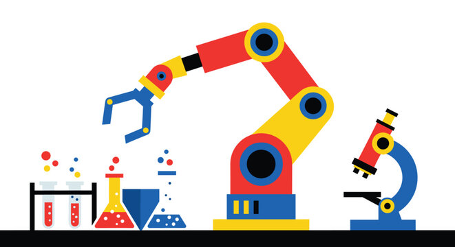 An automated mechanical robotic arm performs tasks alongside scientific laboratory beakers and a microscope on a clean white surface with vibrant colorful elements.