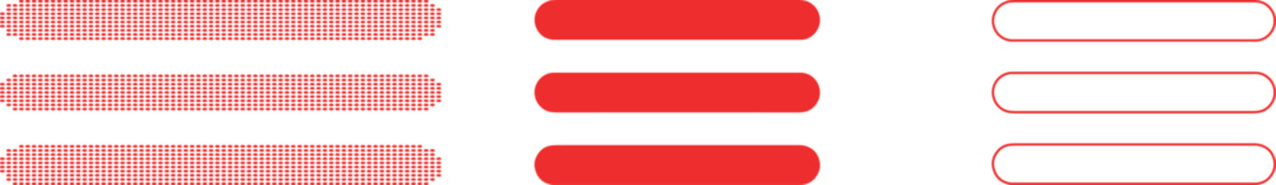 Three rows of red rounded rectangles in dotted solid and outline styles button interface