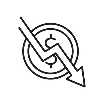 Financial loss chart vector icon with dollar coin symbol downward business currency financial investment recession minimalist decrease negative monetary accounting statistics analysis