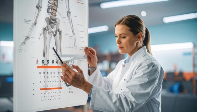 Medical professional explaining anatomical chart with goniometer for measuring joint angles in healthcare setting