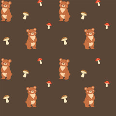 Fototapeta premium Seamless pattern with cute forest bear and mushrooms. Simple cute print for baby textile, kids decor, children fashion and nursery wallpaper. Cartoon vector ilustration of forest animal character