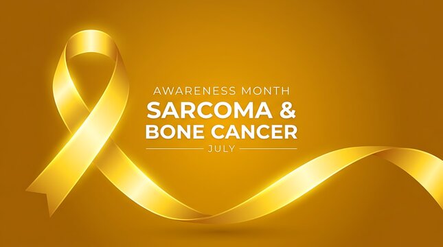 Awareness month sarcoma and bone cancer july yellow ribbon with golden shimmer on warm amber background support hope treatment cure.