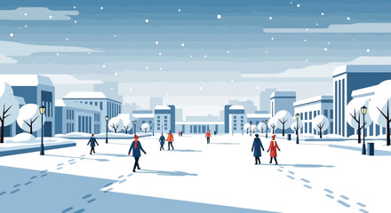 Winter city square with people walking in snow, modern buildings, and streetlights. © Sugiono