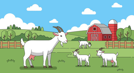 Farm goats grazing in green field with red barn and silo, sunny day © Ganjar