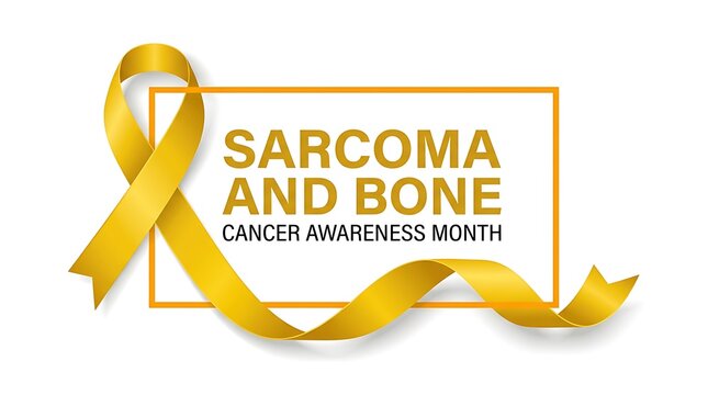 Sarcoma and bone cancer awareness month yellow ribbon in frame for support and fundraising efforts to combat rare disease research and patient advocacy for bone tumors and soft tissue cancers.
