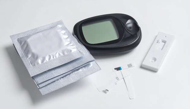 Medical testing supplies including a glucometer and stacked alcohol prep pads for blood glucose monitoring