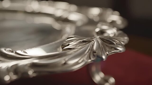 Closeup of ornate antique silver serving tray with intricate details.