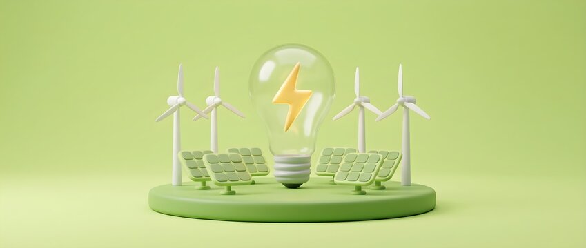 Renewable Energy Concept with Solar Panels Wind Turbines and Light Bulb 3D Illustration