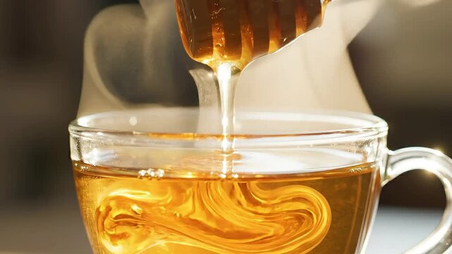 Golden Honey Pouring Into Hot Tea With Rising Steam