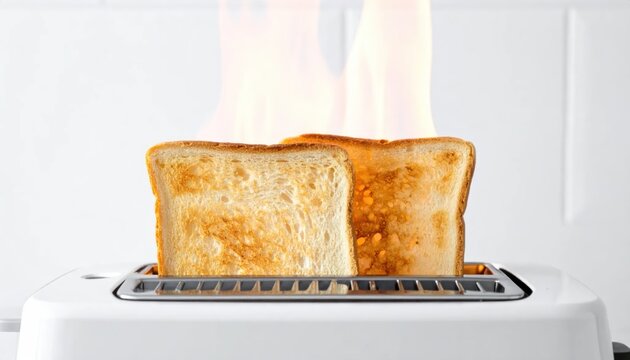 Burning toast with flames inside a white toaster.