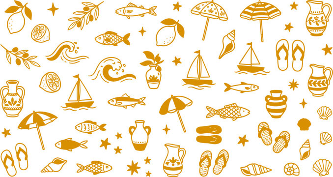 Summer Mediterranean summer icons set, hand drawn greek vacation elements, yellow ochre coastal travel doodles, seaside holiday vector illustrations Editable vector