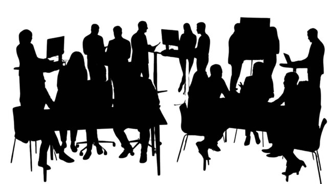 Silhouette of people meeting in a modern office isolated on transparent background, Vector