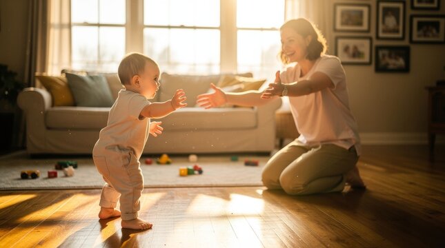 Mother reaching for baby taking first steps at home