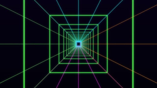 Flying through a retro neon grid tunnel with shifting colors
