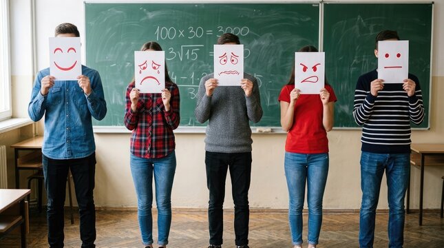 Five teenage students in classroom holding cards with different facial expressions representing emotions