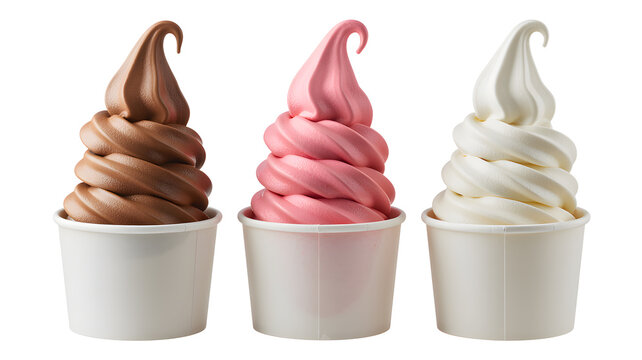 Three colorful soft serve ice cream cups on a white background