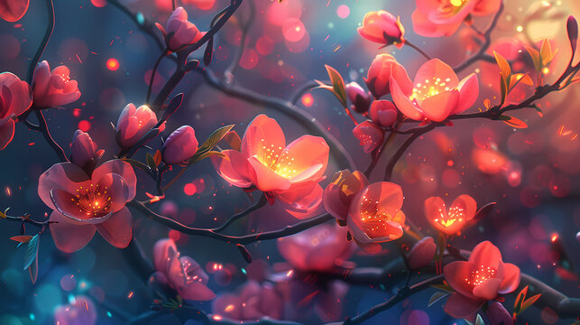 Magical blossom radiating light radiating magical colorful neon light in brilliant luminous bloom display, dark background intensifies impact of colorful neon radiance from blooms.