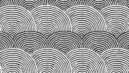 Abstract monochrome pattern featuring repeating semicircular fish scale design elements © vectyx2