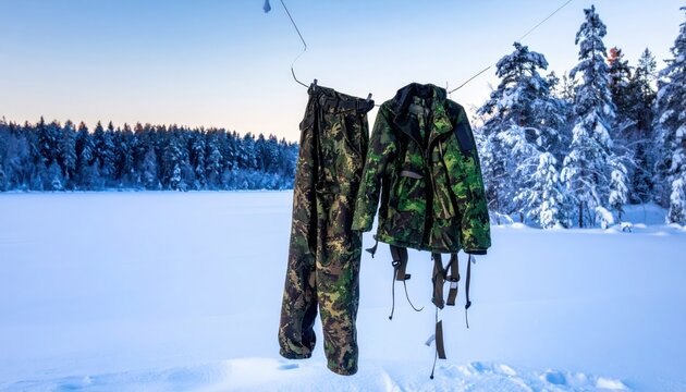 Military camouflage winter clothing set, jacket and trousers, hanging outdoors in snowy forest landscape