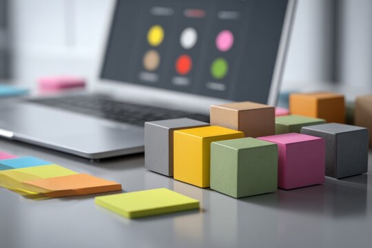 Colorful paper cubes and sticky notes with laptop computer on desk