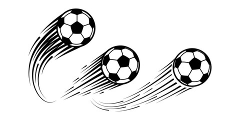 Flying soccer balls with speed motion lines set. Dynamic spinning football vector illustration with fast action trails for sports design © DILARA