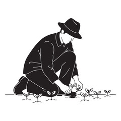 Farmer kneeling and planting young seedlings in soil vector illustration for agriculture gardening and sustainability © Zulfa