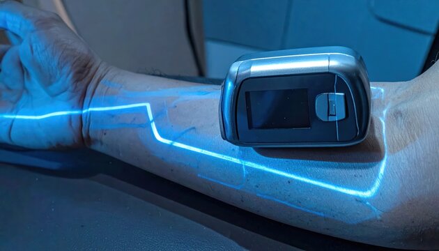 Medical vein finder device projecting blue light onto patient's arm for vein visualization and access in healthcare