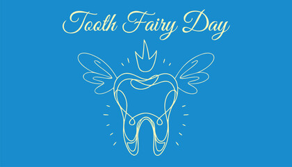 White line art of a tooth fairy on blue background