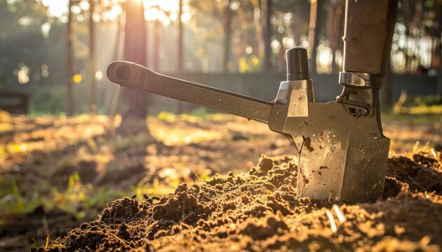 Military entrenching tool with sharpened edge stuck in dirt during golden hour sunlight in forest setting