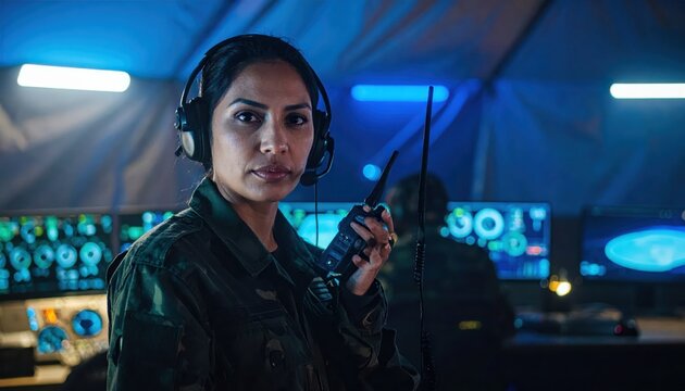 Military Communications Officer Operates Complex Radio Setup in Command Center