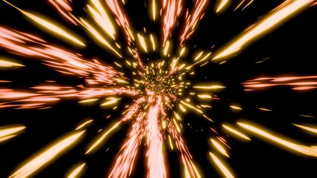 Glowing orange and white light trails explode forward against a dark void background. Energetic seamless loop animation captures a dramatic speed warp effect.